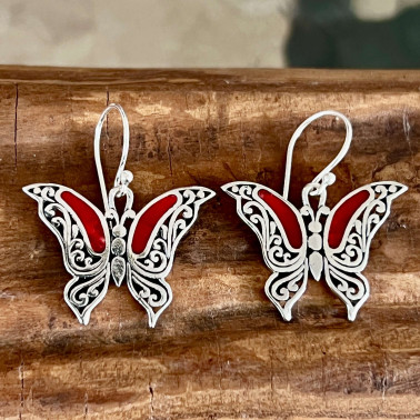 ER 15343 CR-(HANDMADE BALI 925 STERLING SILVER BUTTERFLY EARRINGS WITH CORAL)